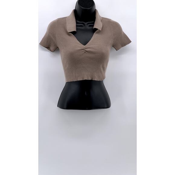 Active USA Tops - ACTIVE USA Women's Brown Ribbed Short Sleeve Crop Top SZ S